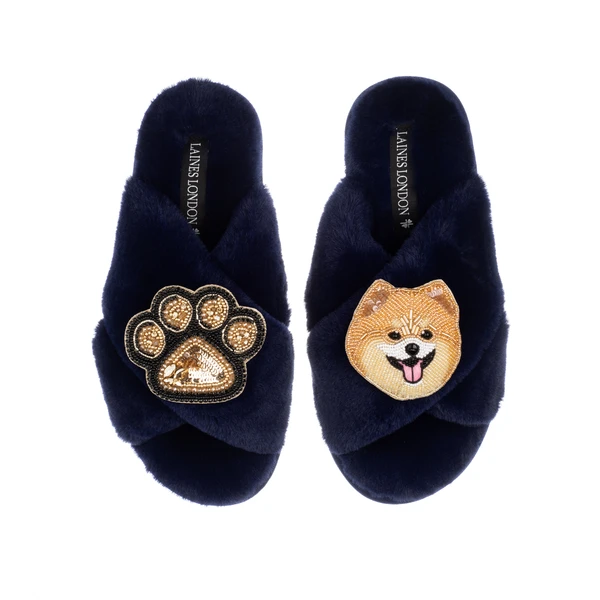 Laines London Classic Laines Slippers With Teddy The Pomeranian & Paw Brooches