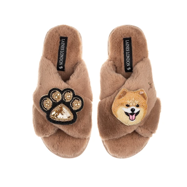 Laines London Classic Laines Slippers With Teddy The Pomeranian & Paw Brooches