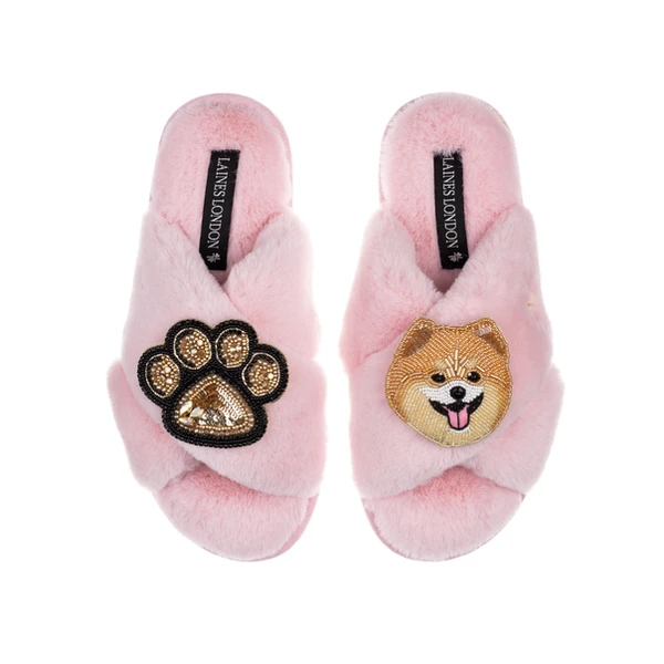laines london Classic Laines Slippers With Teddy The Pomeranian & Paw Brooches