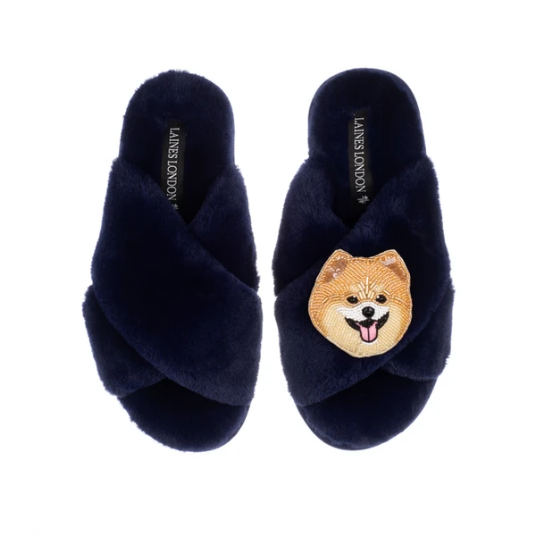 Laines London Classic Laines Slippers With Teddy The Pomeranian Brooch