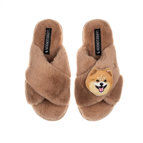 Laines London Classic Laines Slippers With Teddy The Pomeranian Brooch