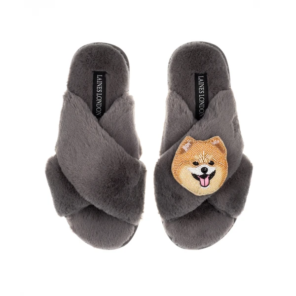 Laines London Classic Laines Slippers With Teddy The Pomeranian Brooch