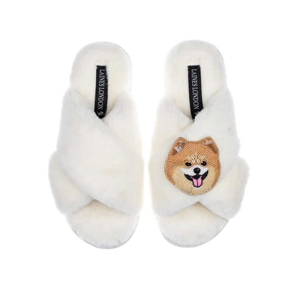 laines london Classic Laines Slippers With Teddy The Pomeranian Brooch