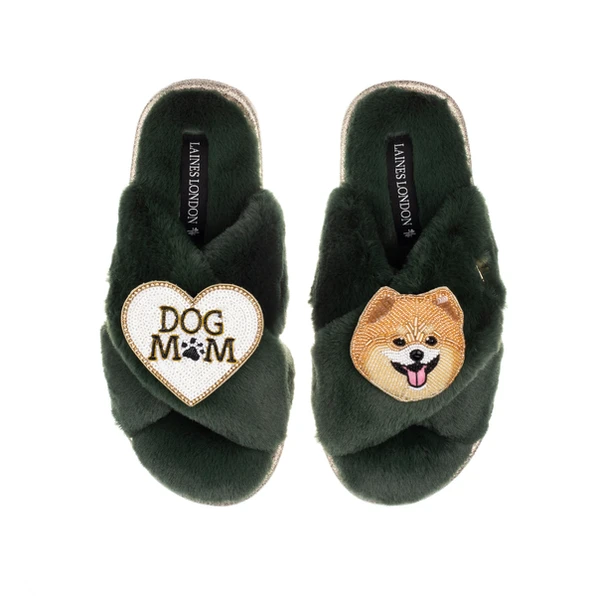 laines london Classic Laines Slippers With Teddy The Pomeranian & Dog Mum / Mom Brooches
