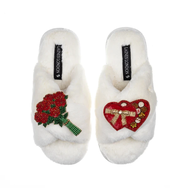 Laines London Classic Laines Slippers With Valentines Chocolate Box & Roses Brooches