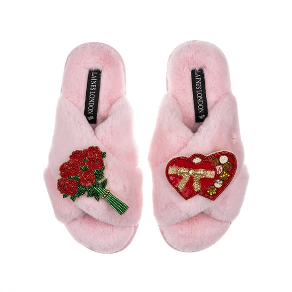 Laines London Classic Laines Slippers With Valentines Chocolate Box & Roses Brooches