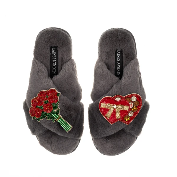 Laines London Classic Laines Slippers With Valentines Chocolate Box & Roses Brooches
