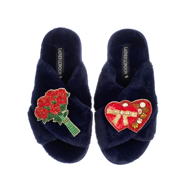 laines london Classic Laines Slippers With Valentines Chocolate Box & Roses Brooches