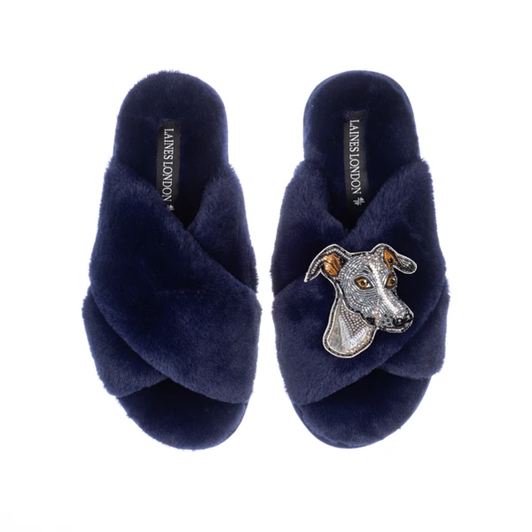 Laines London Classic Laines Slippers With Vinny The Italian Greyhound Brooch