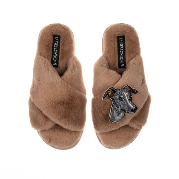 Laines London Classic Laines Slippers With Vinny The Italian Greyhound Brooch