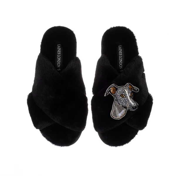 Laines London Classic Laines Slippers With Vinny The Italian Greyhound Brooch