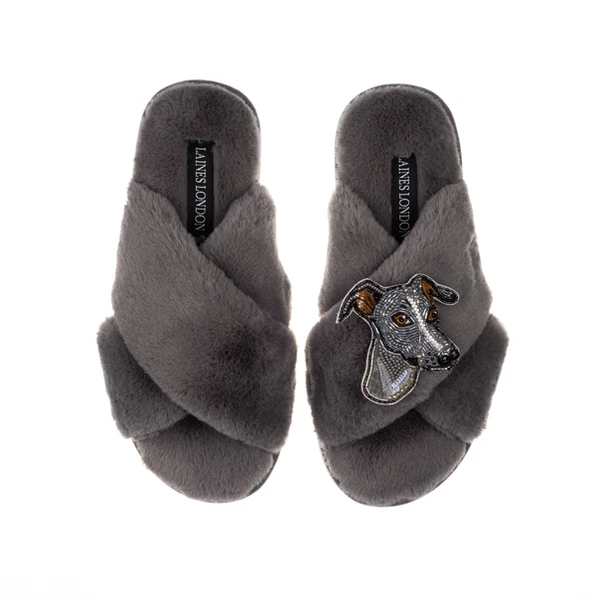 laines london Classic Laines Slippers With Vinny The Italian Greyhound Brooch