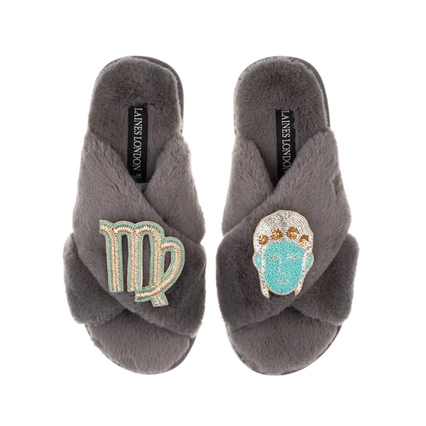 laines london Classic Laines Slippers With Virgo Star Sign Brooches
