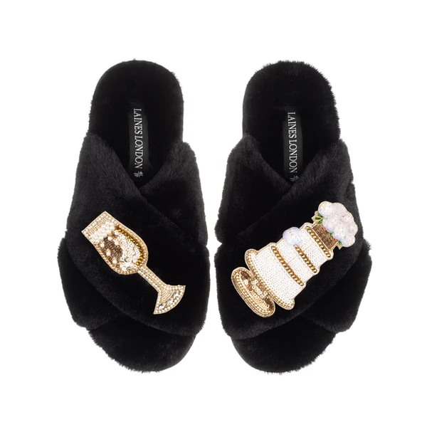 Laines London Classic Laines Slippers With Wedding Cake & Champers Brooches
