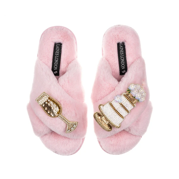 Laines London Classic Laines Slippers With Wedding Cake & Champers Brooches