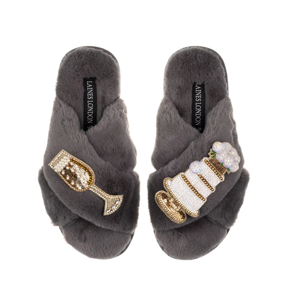 Laines London Classic Laines Slippers With Wedding Cake & Champers Brooches