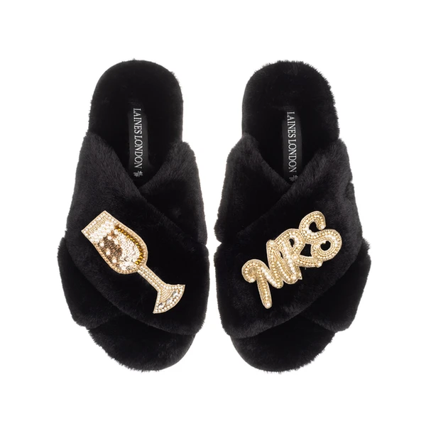 Laines London Classic Laines Slippers With Wedding Champers & Mrs Brooches