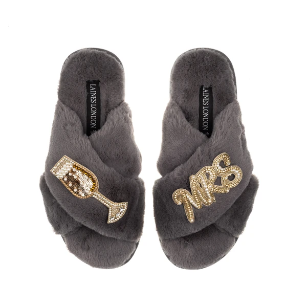 Laines London Classic Laines Slippers With Wedding Champers & Mrs Brooches