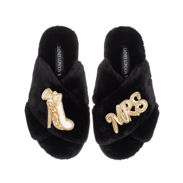 Laines London Classic Laines Slippers With Wedding Heel & Mrs Brooches
