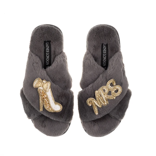 Laines London Classic Laines Slippers With Wedding Heel & Mrs Brooches
