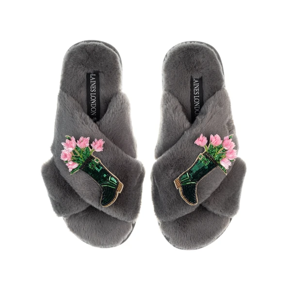 Laines London Classic Laines Slippers With Wellington Boots Brooches
