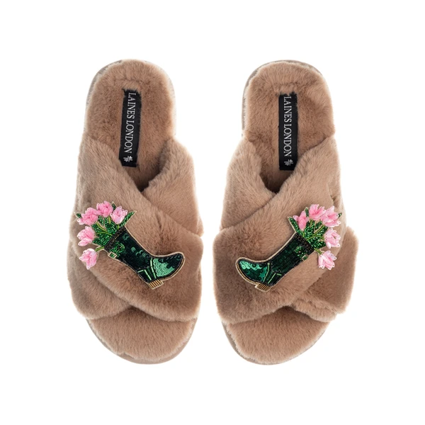 Laines London Classic Laines Slippers With Wellington Boots Brooches