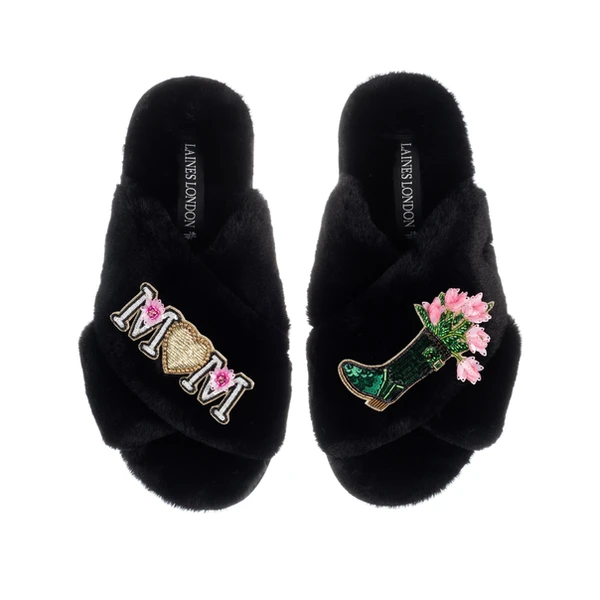 Laines London Classic Laines Slippers With Wellington Boots & Mum / Mom Brooches