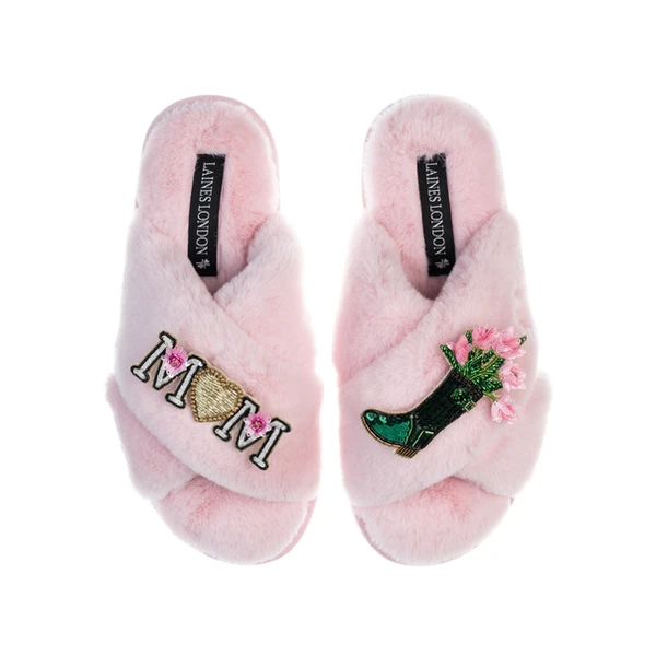 Laines London Classic Laines Slippers With Wellington Boots & Mum / Mom Brooches