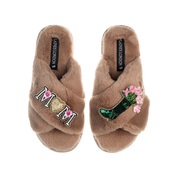Laines London Classic Laines Slippers With Wellington Boots & Mum / Mom Brooches