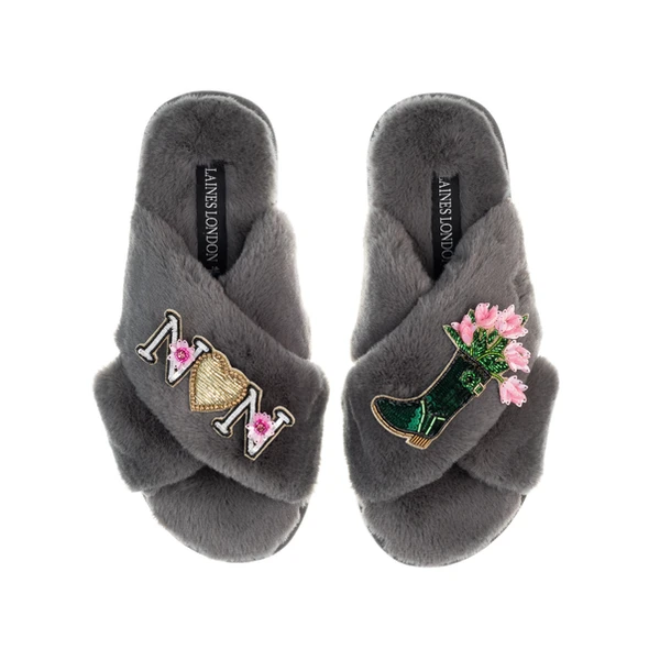 Laines London Classic Laines Slippers With Wellington Boots & Nan Brooches