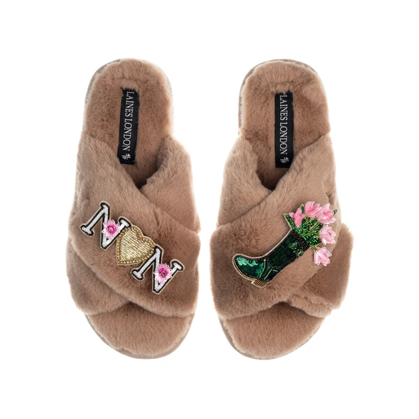 Laines London Classic Laines Slippers With Wellington Boots & Nan Brooches