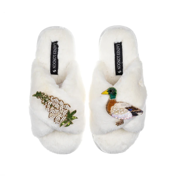Laines London Classic Laines Slippers With White Foxglove Flowers & Duck Brooches