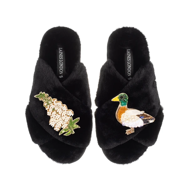 Laines London Classic Laines Slippers With White Foxglove Flowers & Duck Brooches
