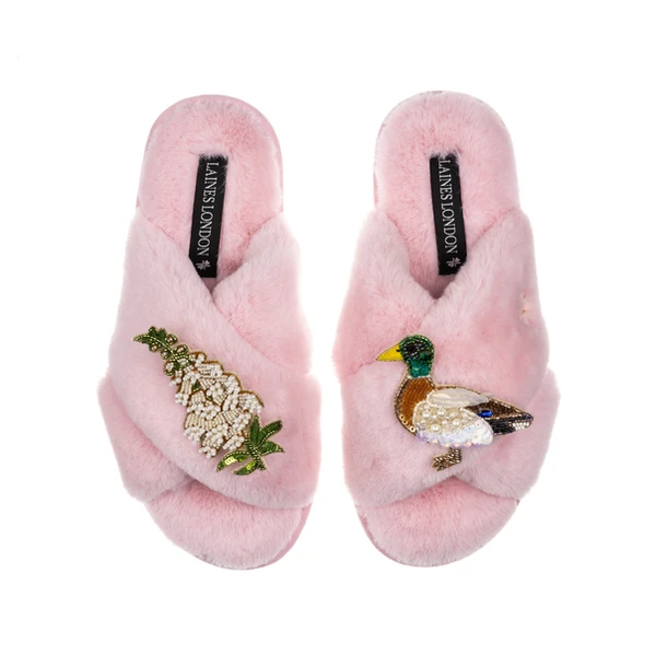 Laines London Classic Laines Slippers With White Foxglove Flowers & Duck Brooches