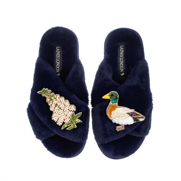 laines london Classic Laines Slippers With White Foxglove Flowers & Duck Brooches