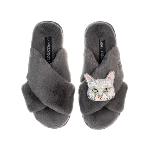 Laines London Classic Laines Slippers With White Lily Cat Brooch
