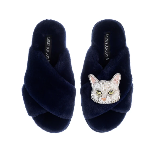 Laines London Classic Laines Slippers With White Lily Cat Brooch