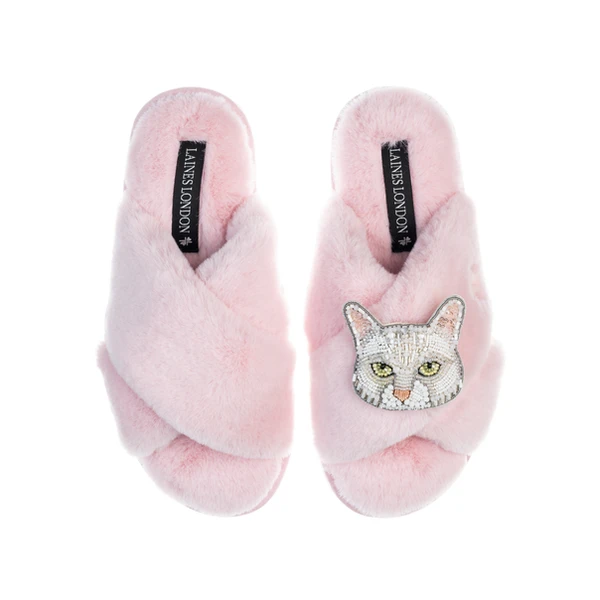 laines london Classic Laines Slippers With White Lily Cat Brooch
