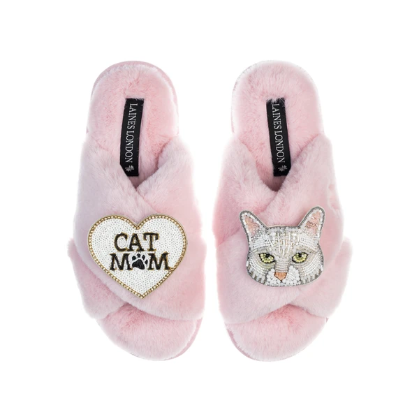 Laines London Classic Laines Slippers With White Lily Cat & Cat Mum / Mom Brooches