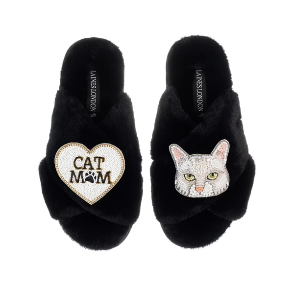 Laines London Classic Laines Slippers With White Lily Cat & Cat Mum / Mom Brooches