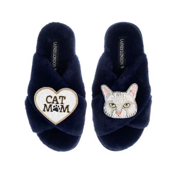 laines london Classic Laines Slippers With White Lily Cat & Cat Mum / Mom Brooches