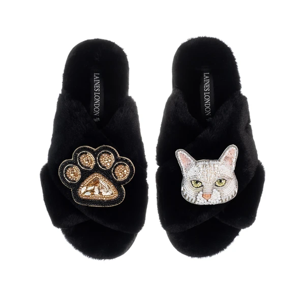 Laines London Classic Laines Slippers With White Lily Cat & Paw Brooch