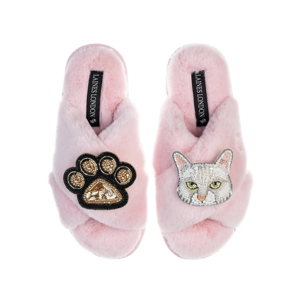 Laines London Classic Laines Slippers With White Lily Cat & Paw Brooch