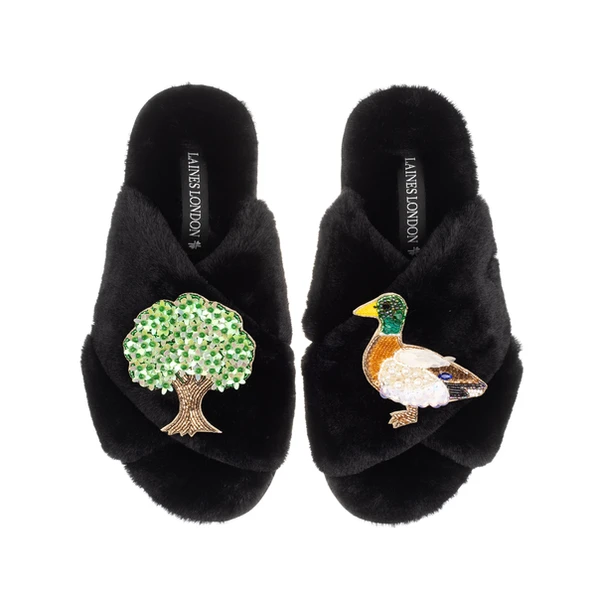 Laines London Classic Laines Slippers With White Oak Tree & Duck Brooches