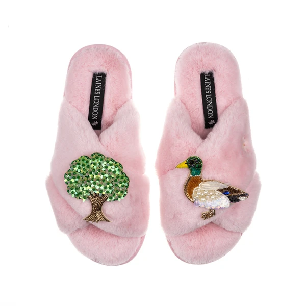 Laines London Classic Laines Slippers With White Oak Tree & Duck Brooches