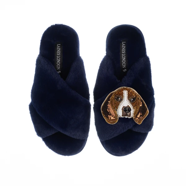 Laines London Classic Laines Slippers With Ziggy The Beagle Brooch