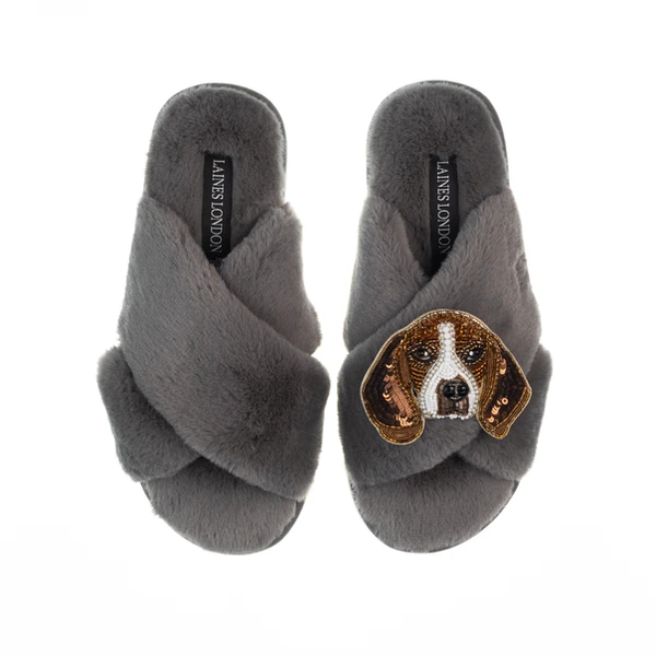 Laines London Classic Laines Slippers With Ziggy The Beagle Brooch