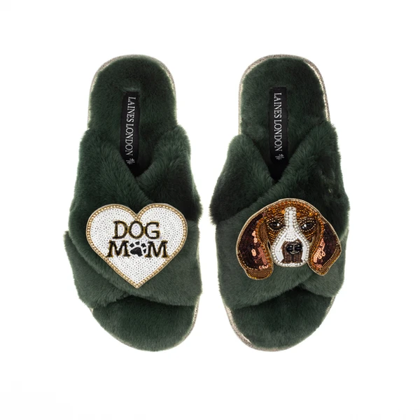 laines london Classic Laines Slippers With Ziggy The Beagle & Dog Mum / Mom Brooches