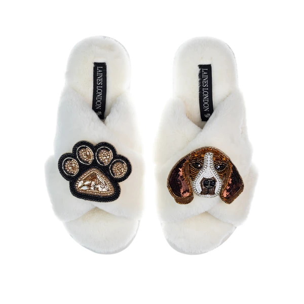 Laines London Classic Laines Slippers With Ziggy The Beagle & Paw Brooches