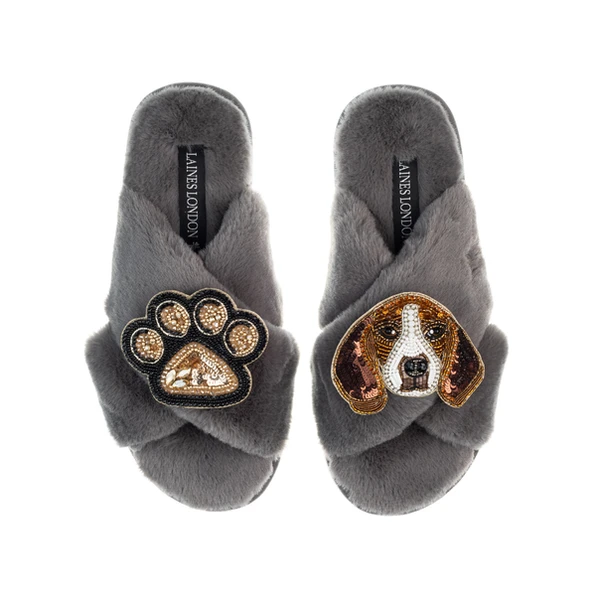 Laines London Classic Laines Slippers With Ziggy The Beagle & Paw Brooches